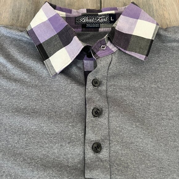 Alial Fital Men's L 4 Button Golf Polo Made in the US Gray w/Purple Check Collar - Picture 4 of 5